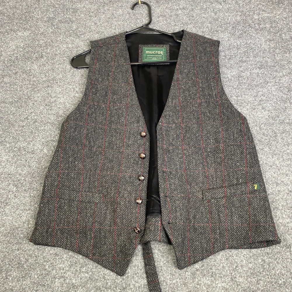 Mucros Weavers Workshop Mens Grey Wool Herringbone Red Check Vest Ireland Medium